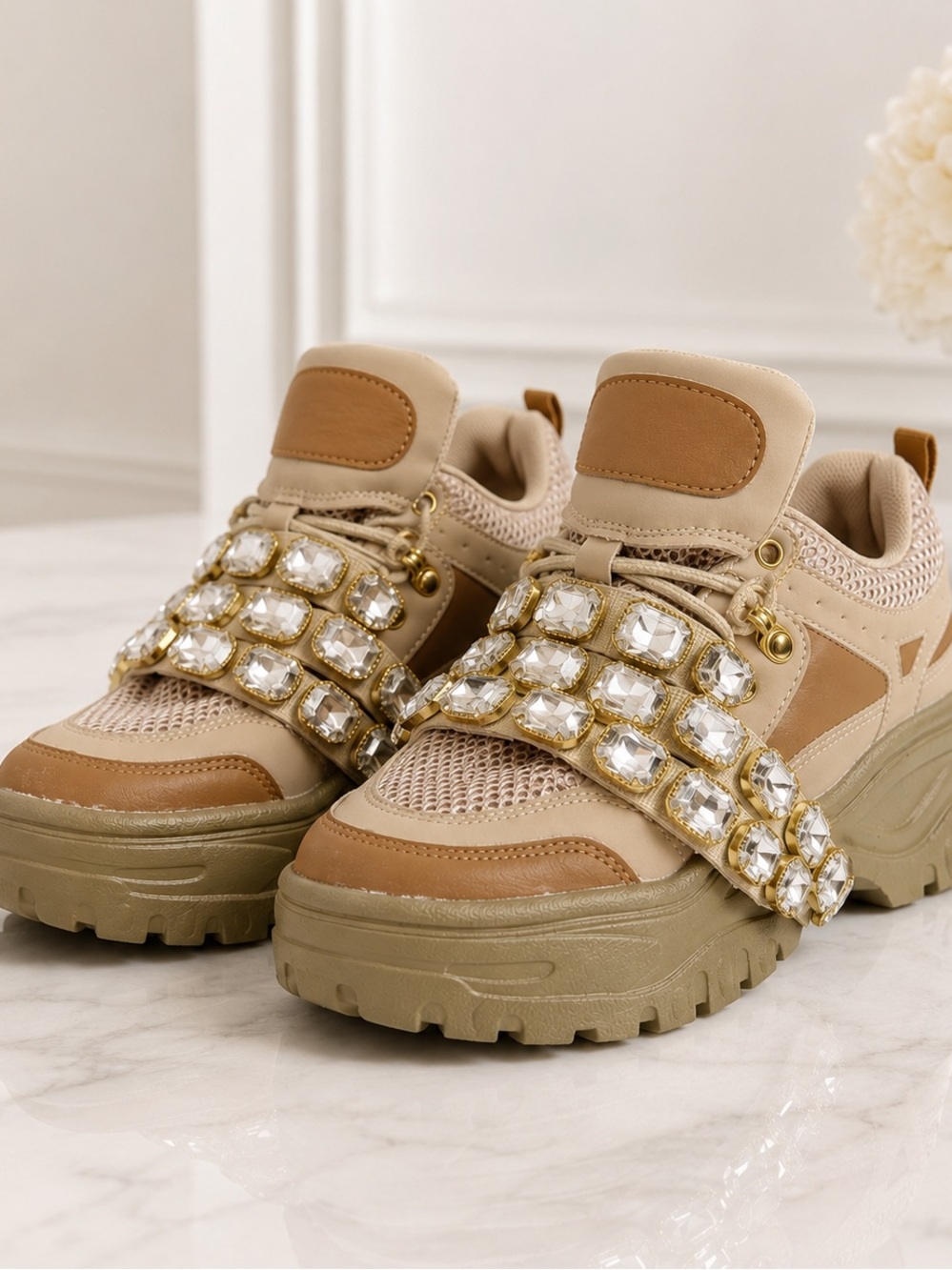 AKIRA Beige Crystal-Strap Platform Sneakers